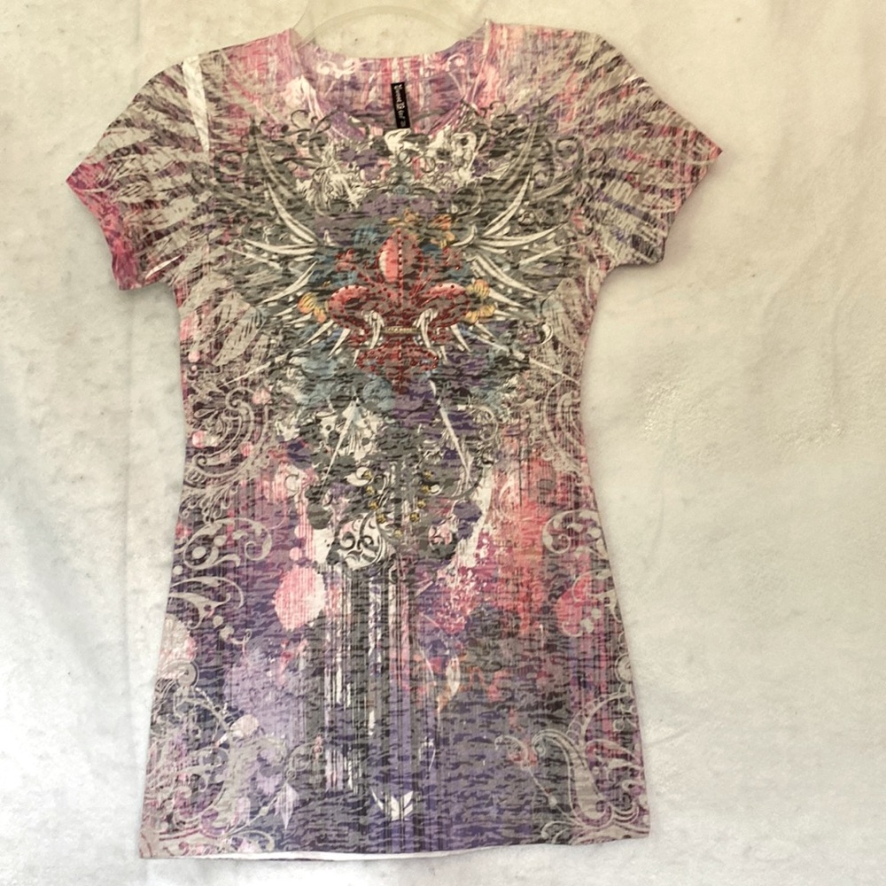 Multi Color Sublimated Fleur De Lis Rhinestone Bling Tee Jr M NWOT